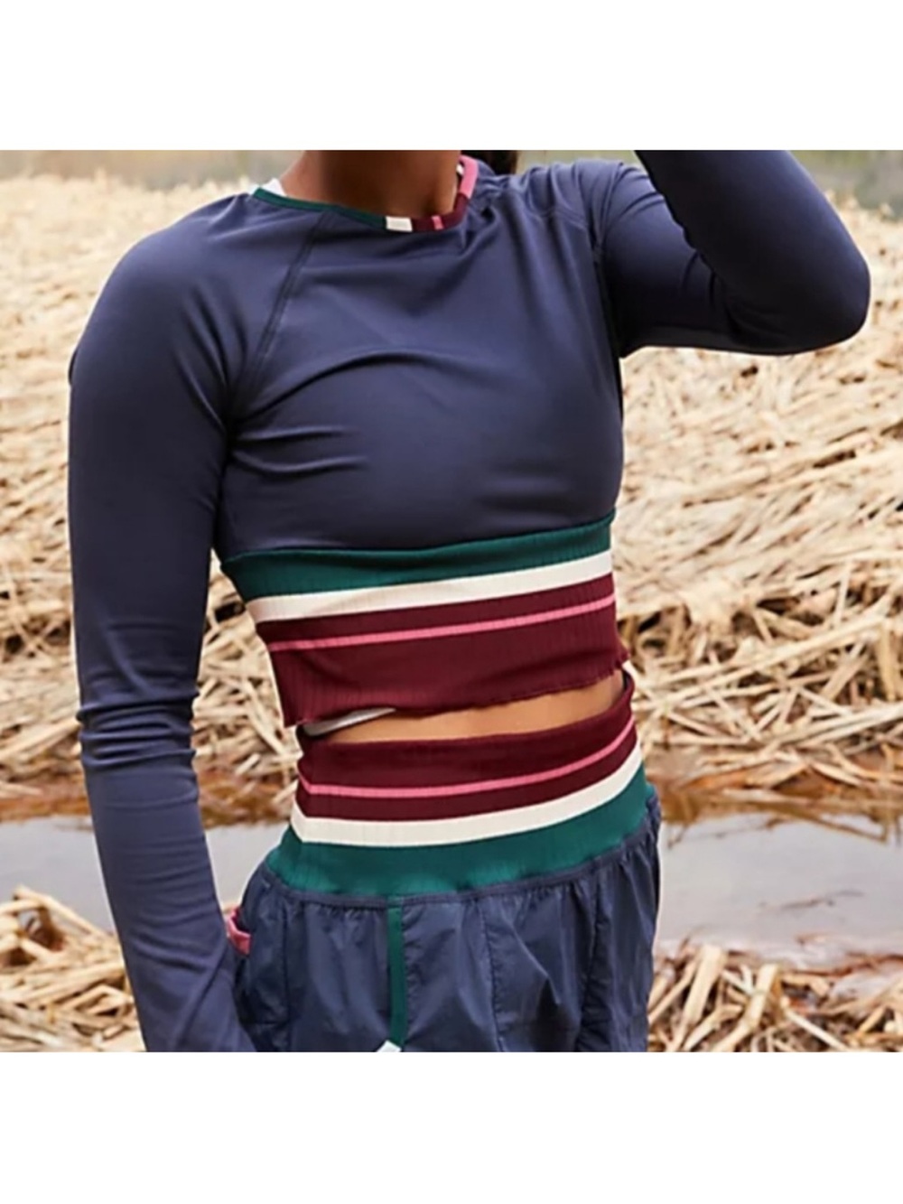 Free People Navy Long-Sleeve Cutout Crop Top with Burgundy & Green Stripes